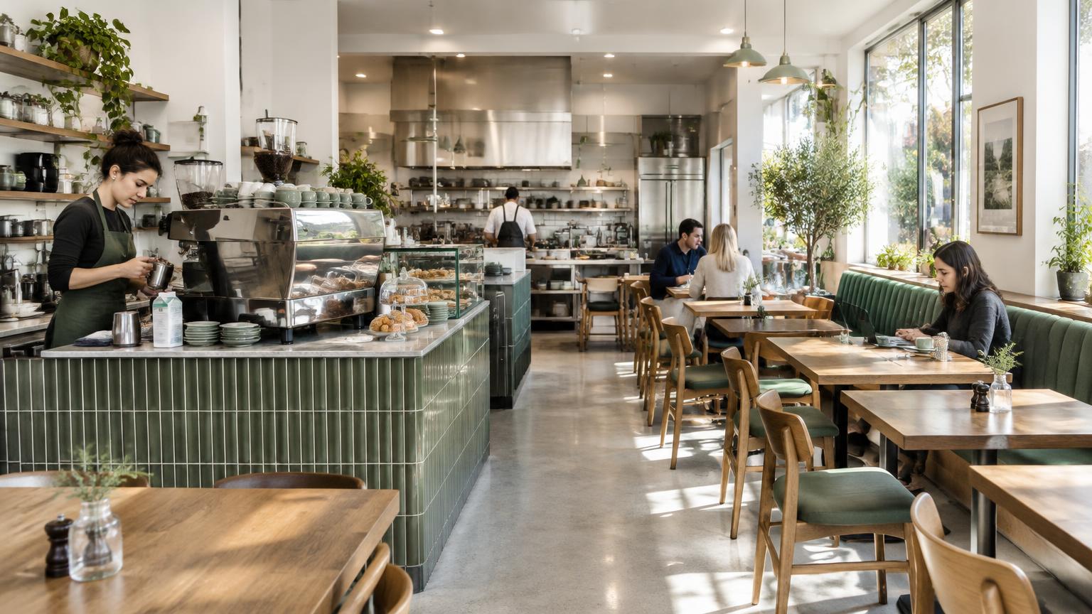 Illustrative hospitality scene inside an Australian cafe with coffee equipment and seating