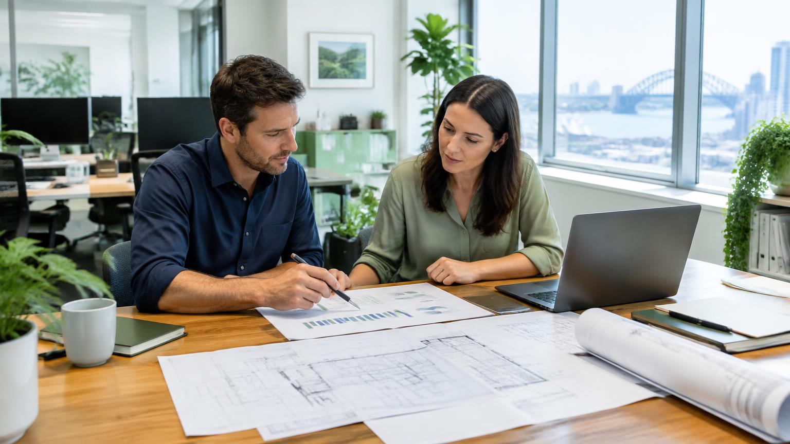 Illustrative professional services scene with colleagues reviewing plans in a Sydney office