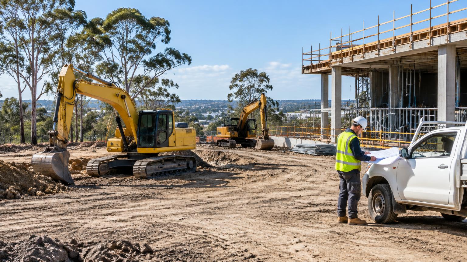 Illustrative construction scene with excavators and a trades ute on an Australian job site