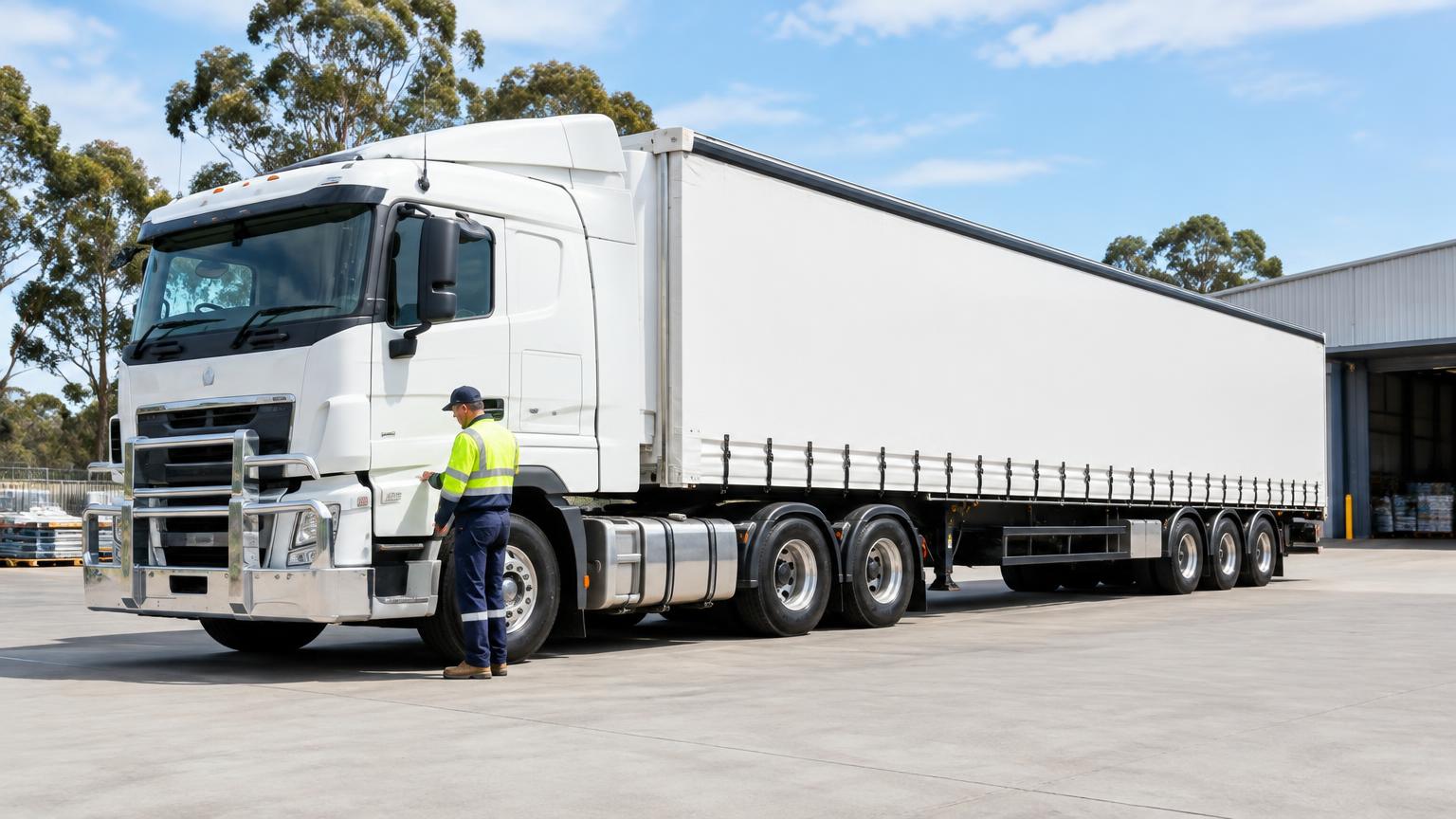 Illustrative transport scene with a prime mover and trailer at an Australian freight depot